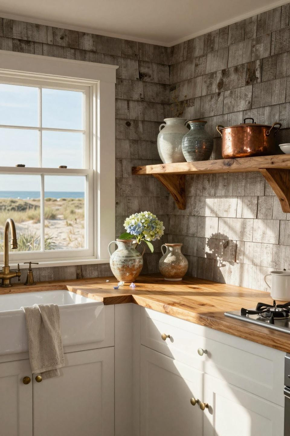 Coastal Kitchen with weathered driftwood and sage accents