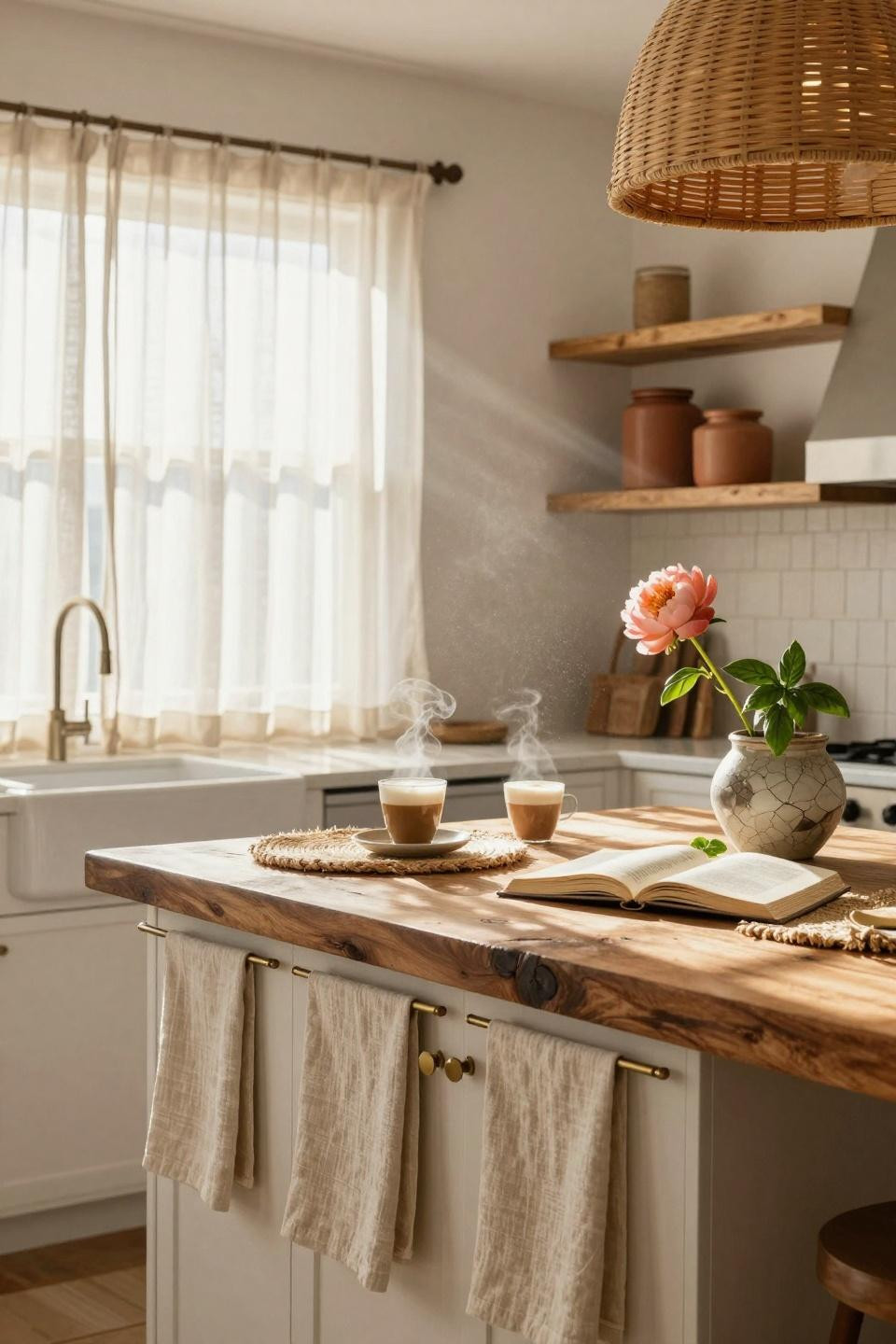 Coastal Kitchen with honey oak shelves and terracotta accents