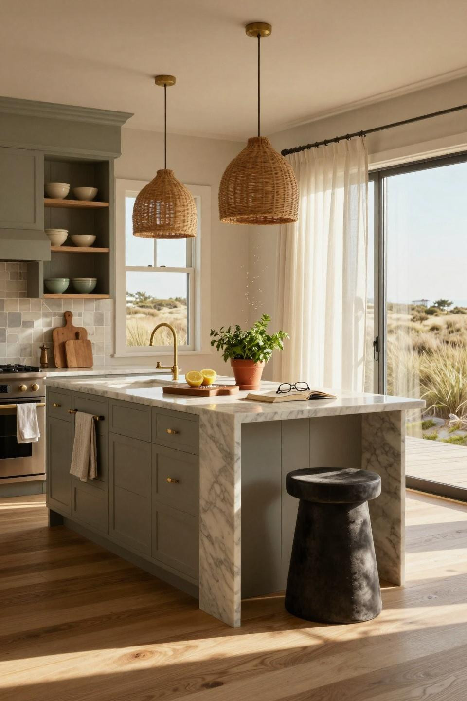Coastal Kitchen with sage cabinets and zellige tile