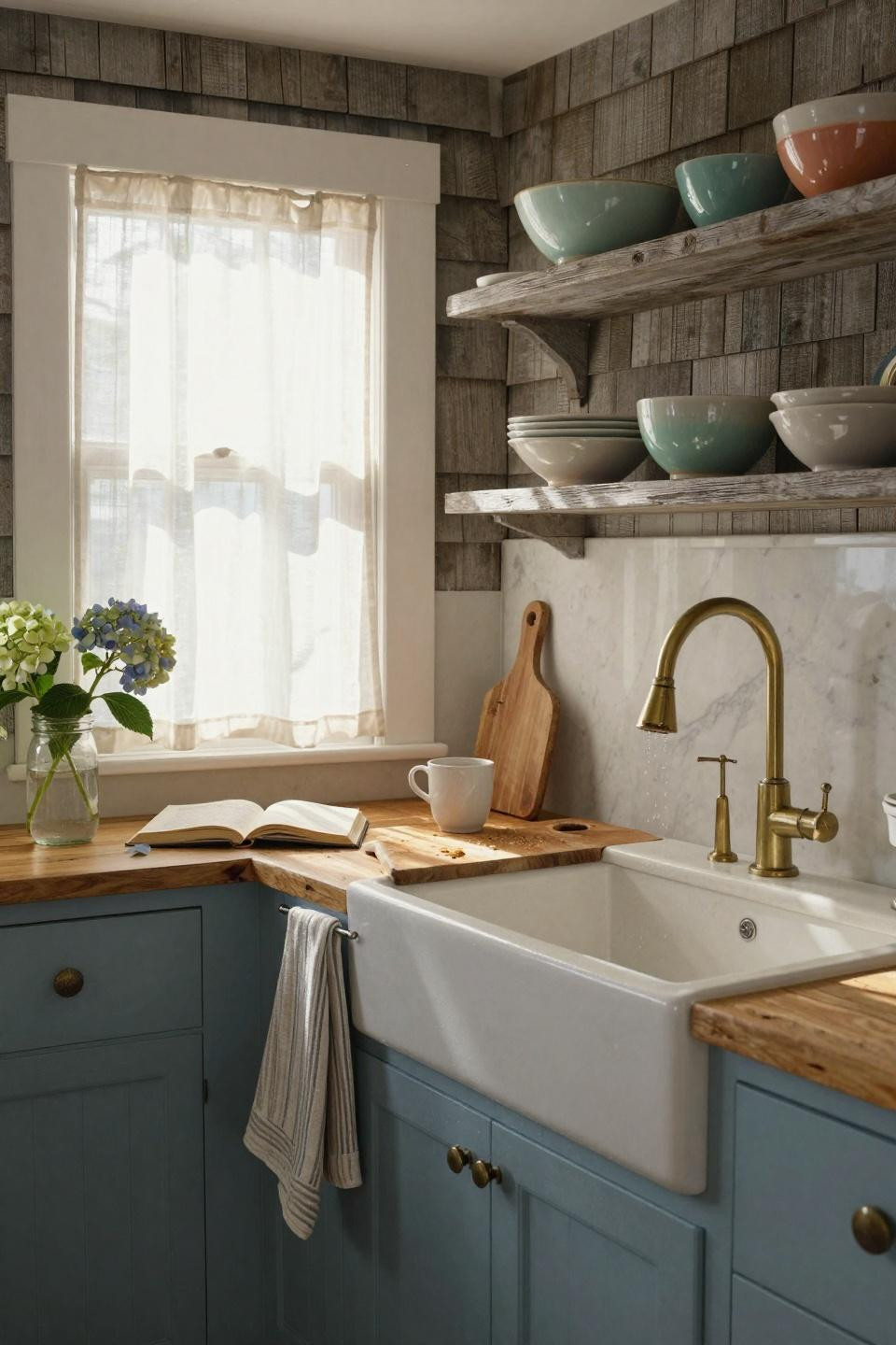 Coastal Kitchen with robin's egg blue cabinets and farmhouse sink