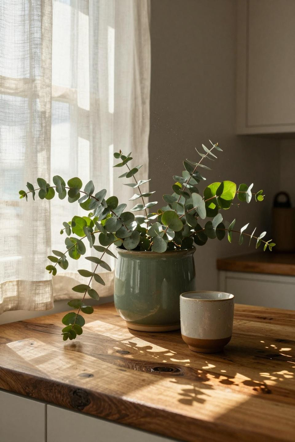 Coastal Kitchen with sage planter and teak countertop