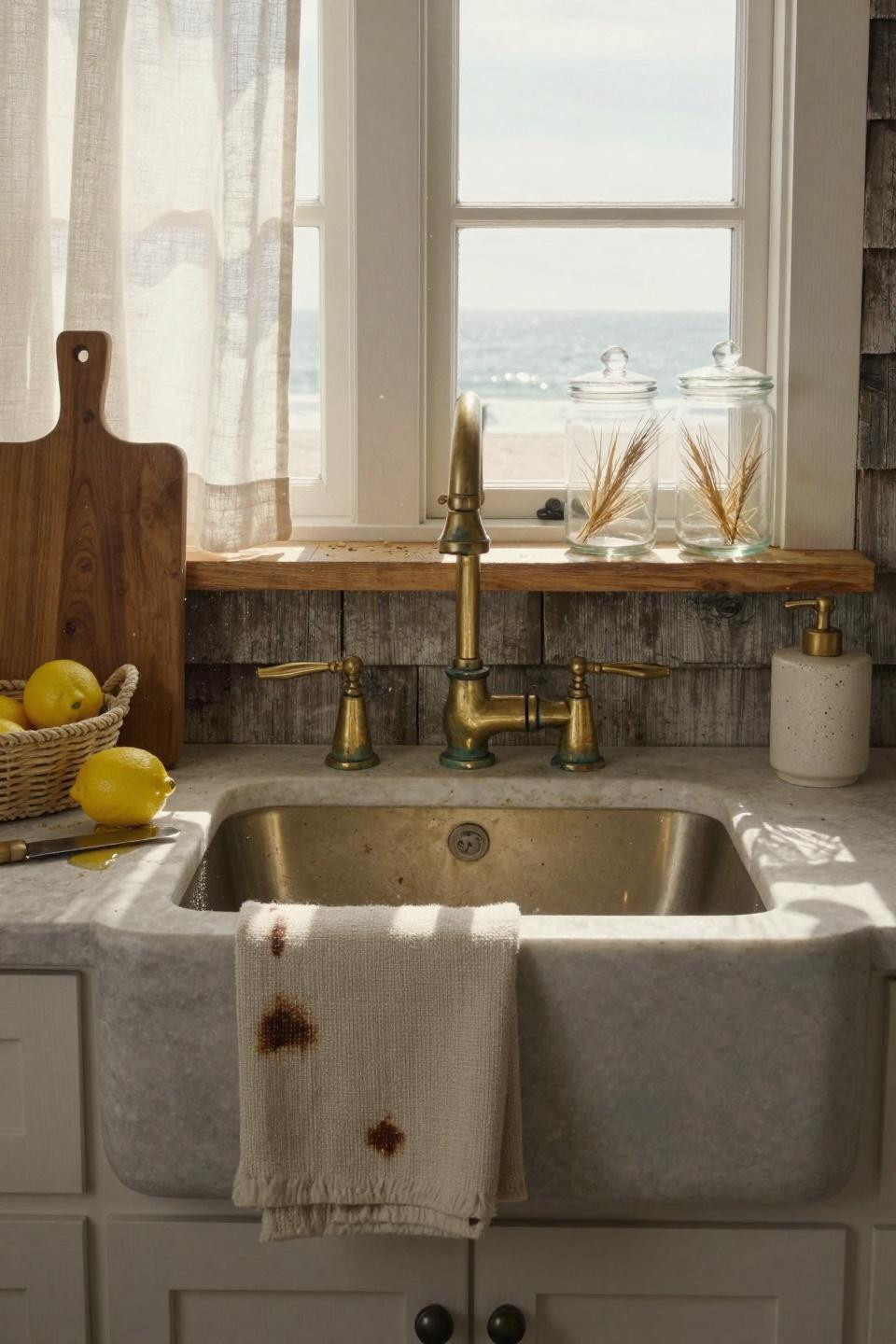 Coastal Kitchen with vintage brass sink and soapstone