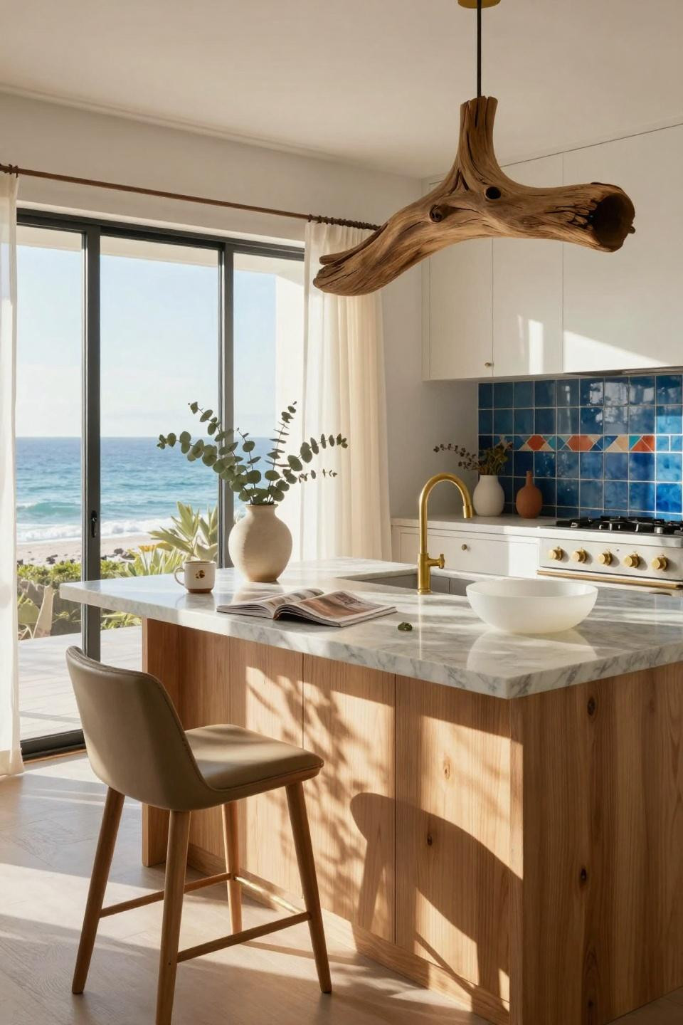 Coastal Kitchen with blue tile backsplash and oak cabinets