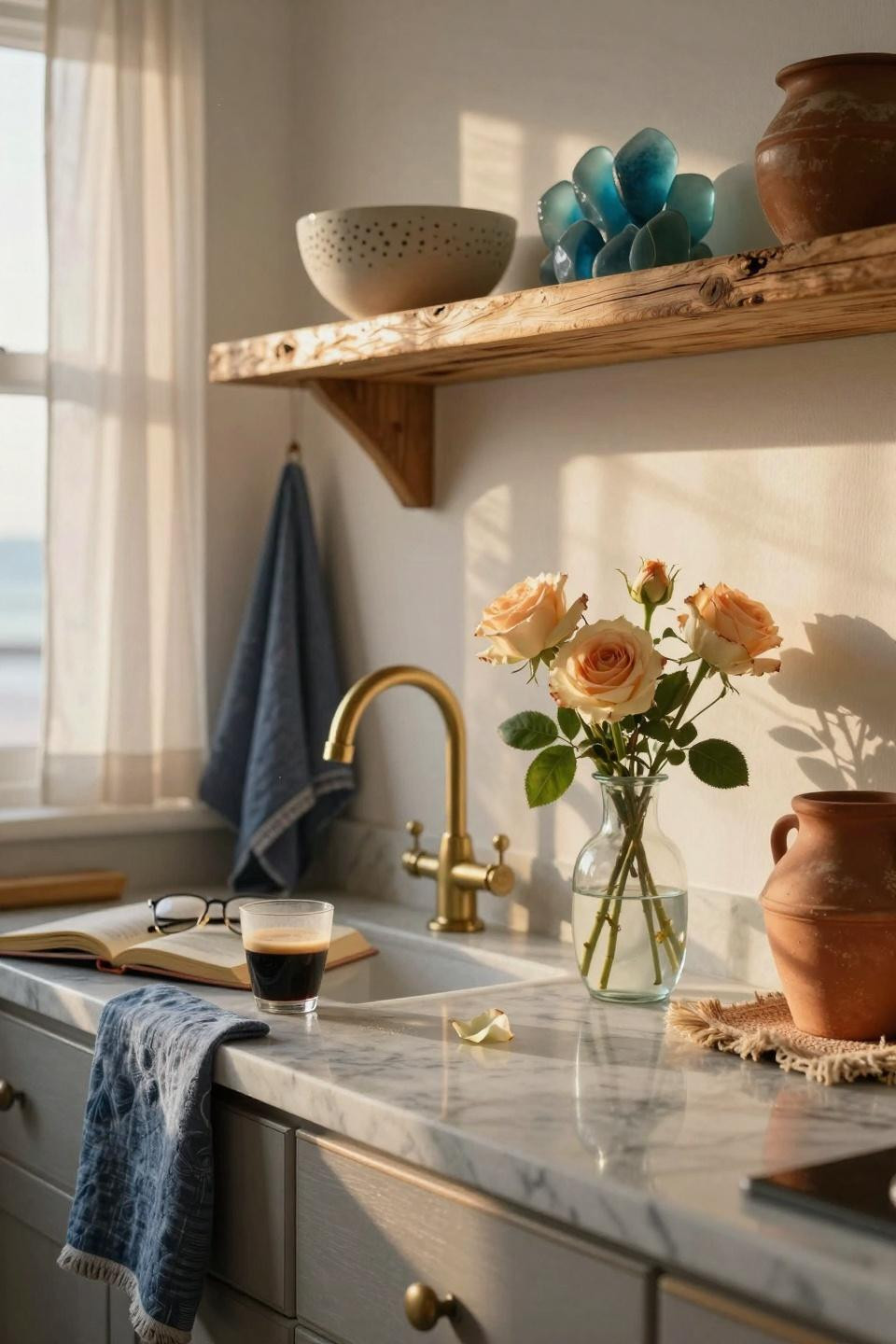 Coastal Kitchen with marble countertop and brass details