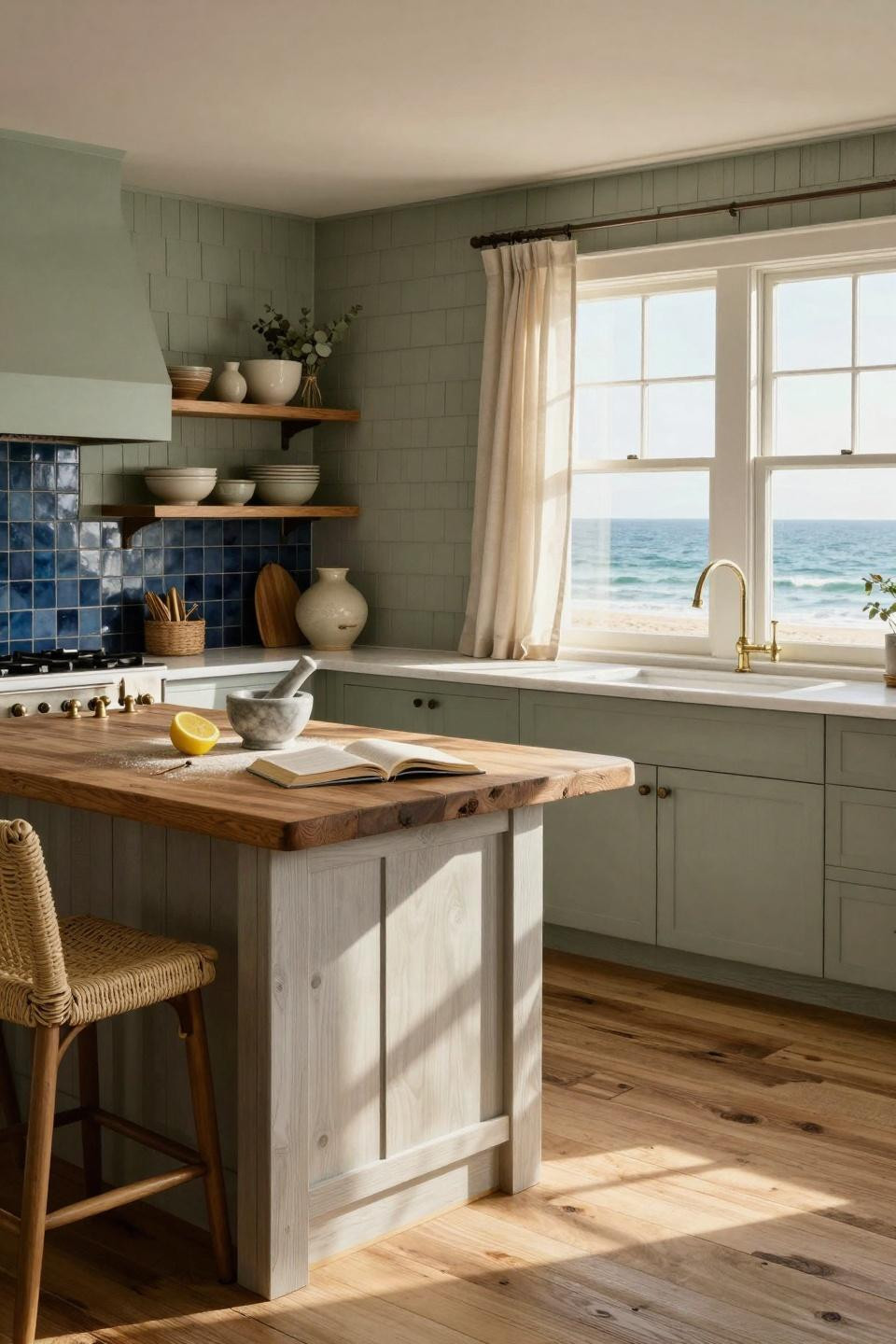 Coastal Kitchen with navy tile and bleached oak floors