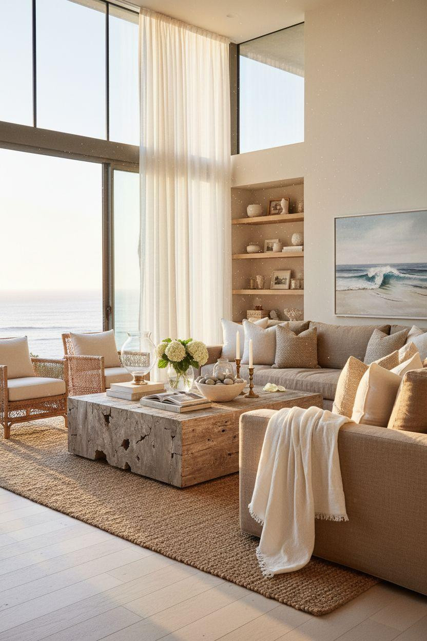Coastal Living Room featuring indigo linen throw and weathered driftwood coffee table