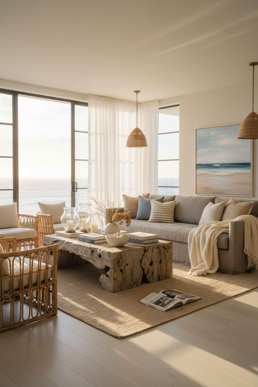 Coastal Living Room with layered jute and vintage kilim rugs