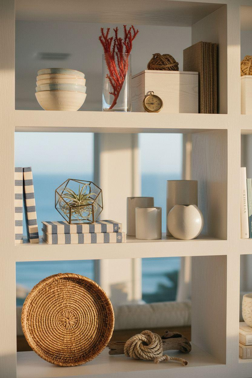 Coastal Living Room styled shelves with hexagonal terrariums and woven baskets