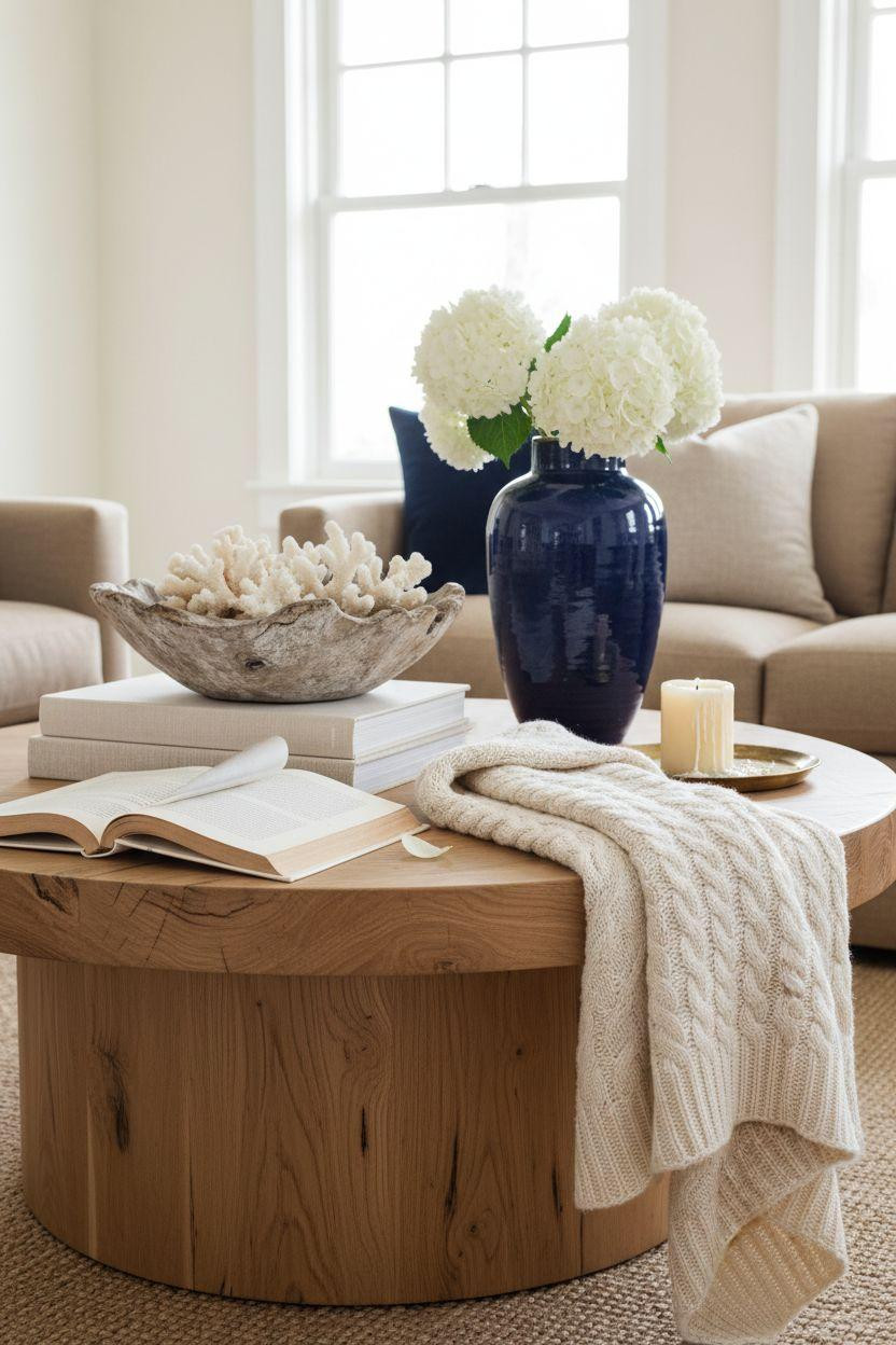 Coastal Living Room detail shot showing navy blue vase and white oak coffee table