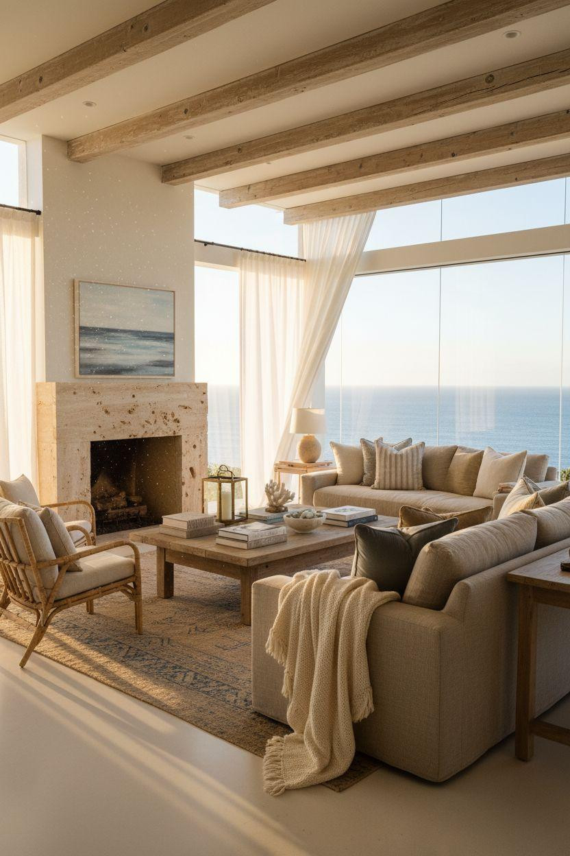Coastal Living Room with hand-carved travertine fireplace and ocean blue accents