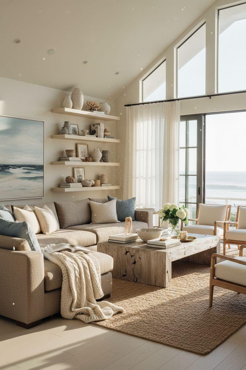 Coastal Living Room with open shelving styled with ceramics and coral