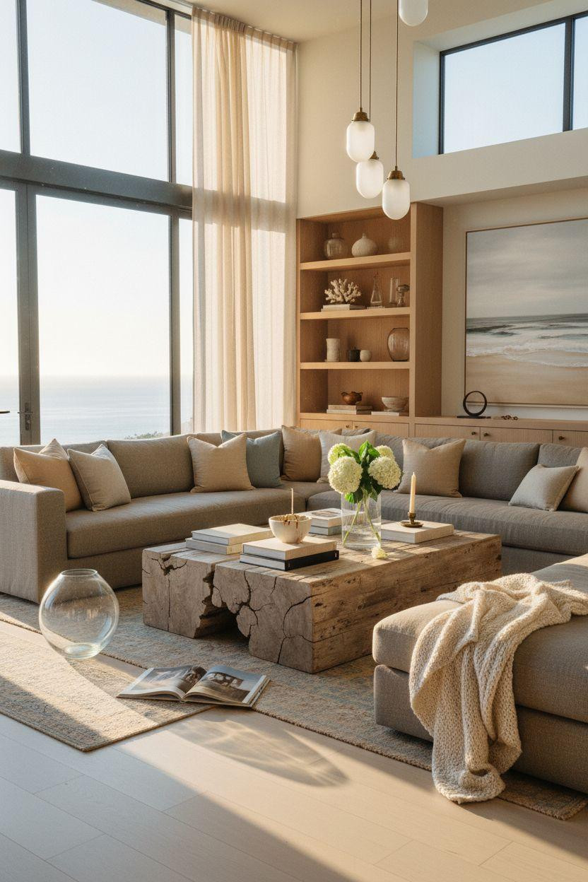 Coastal Living Room featuring unlacquered brass shelving and live edge driftwood table