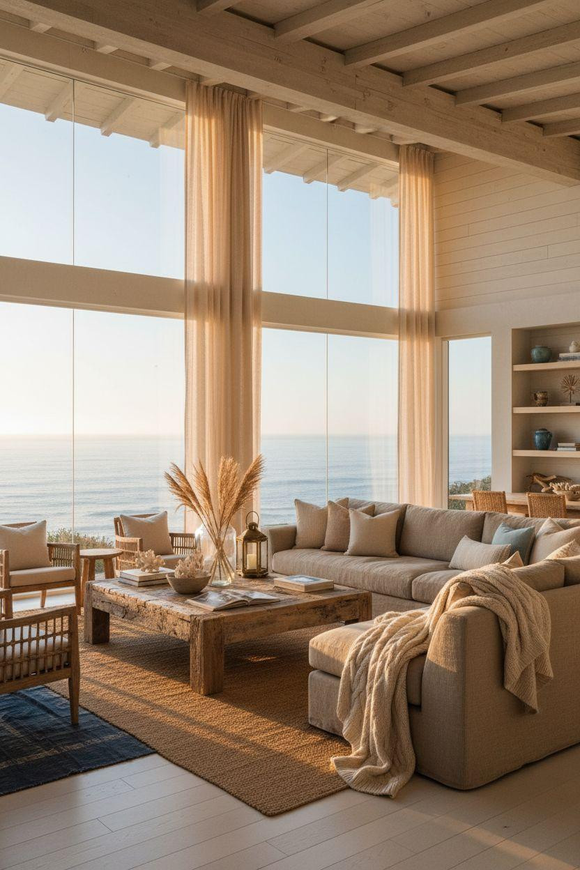 Coastal Living Room with ocean views and whitewashed shiplap walls