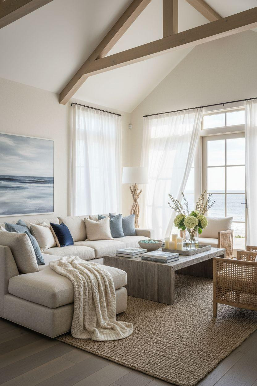 Coastal Living Room featuring bleached oak beams and chunky cable knit throw