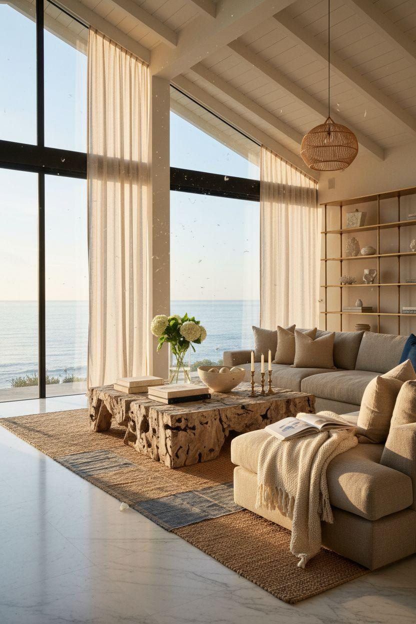 Coastal Living Room with massive glass walls and unlacquered brass accents