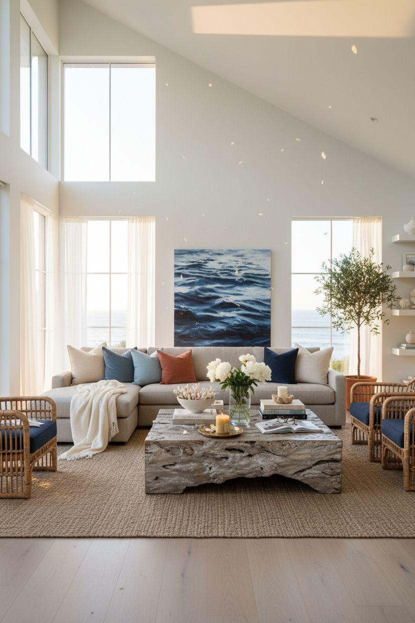 Coastal Living Room with vaulted ceilings and coral accents