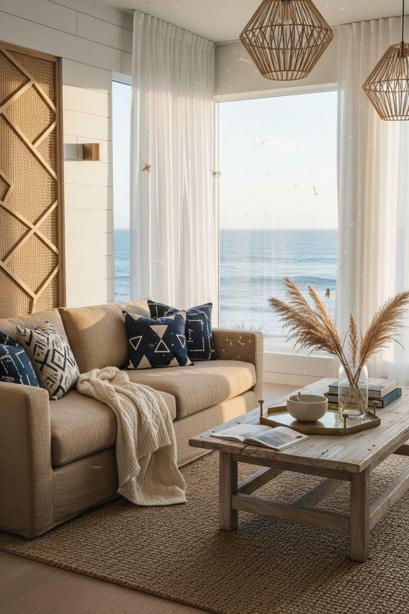 Coastal Living Room featuring geometric rattan pendant and navy patterns