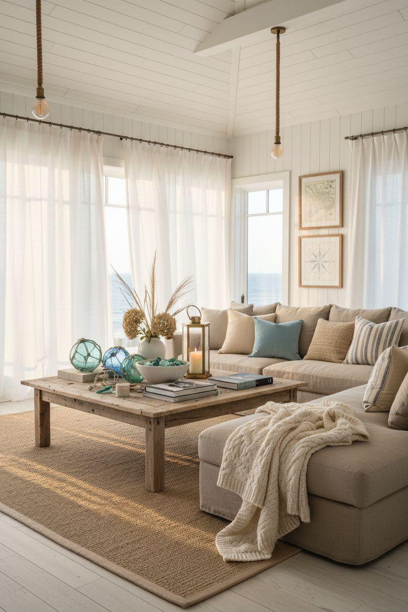 Coastal Living Room with white linen sectional and driftwood coffee table