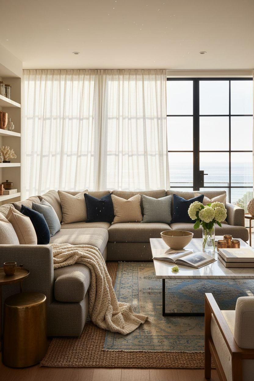 Coastal Living Room with honed Carrara marble coffee table and brass accents