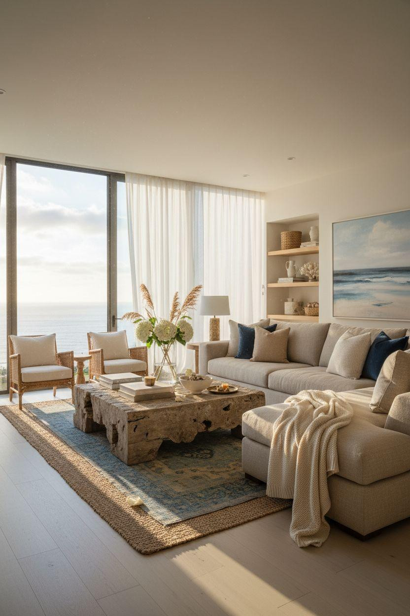 Coastal Living Room featuring large driftwood sculpture and layered navy pillows