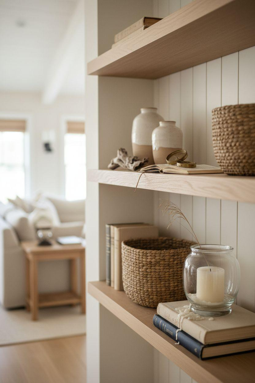 Coastal Living Room styled shelves with cream ceramics and driftwood pieces