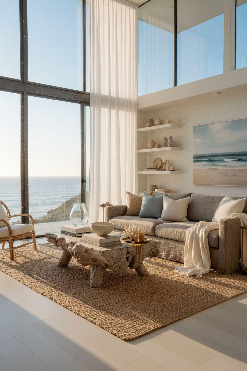 Coastal Living Room with white shiplap walls and layered cream and navy pillows