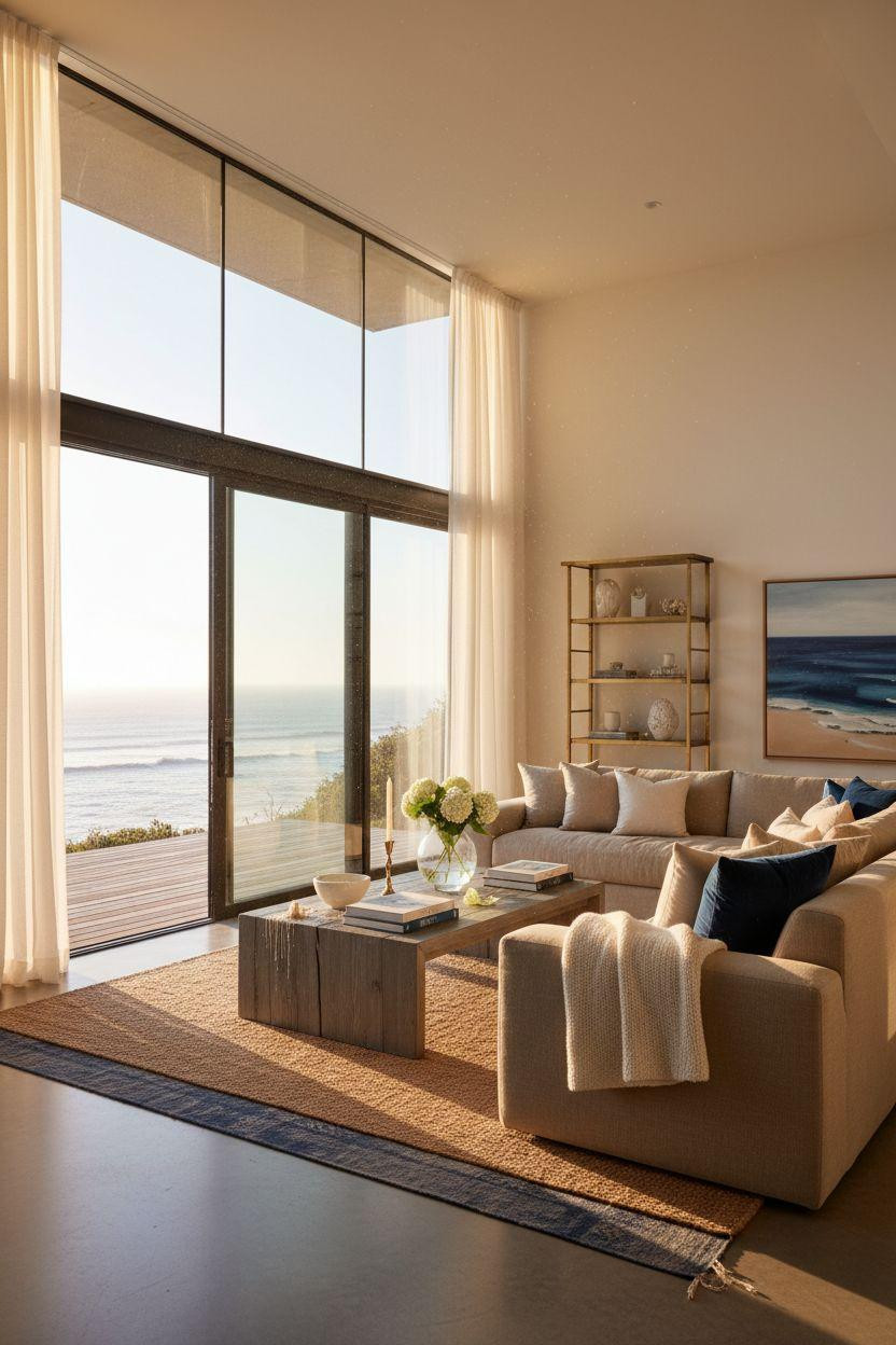 Coastal Living Room featuring polished concrete floors and reclaimed oak coffee table