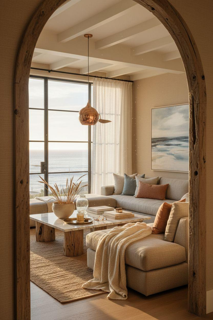 Coastal Living Room viewed through weathered driftwood archway with copper pendant light