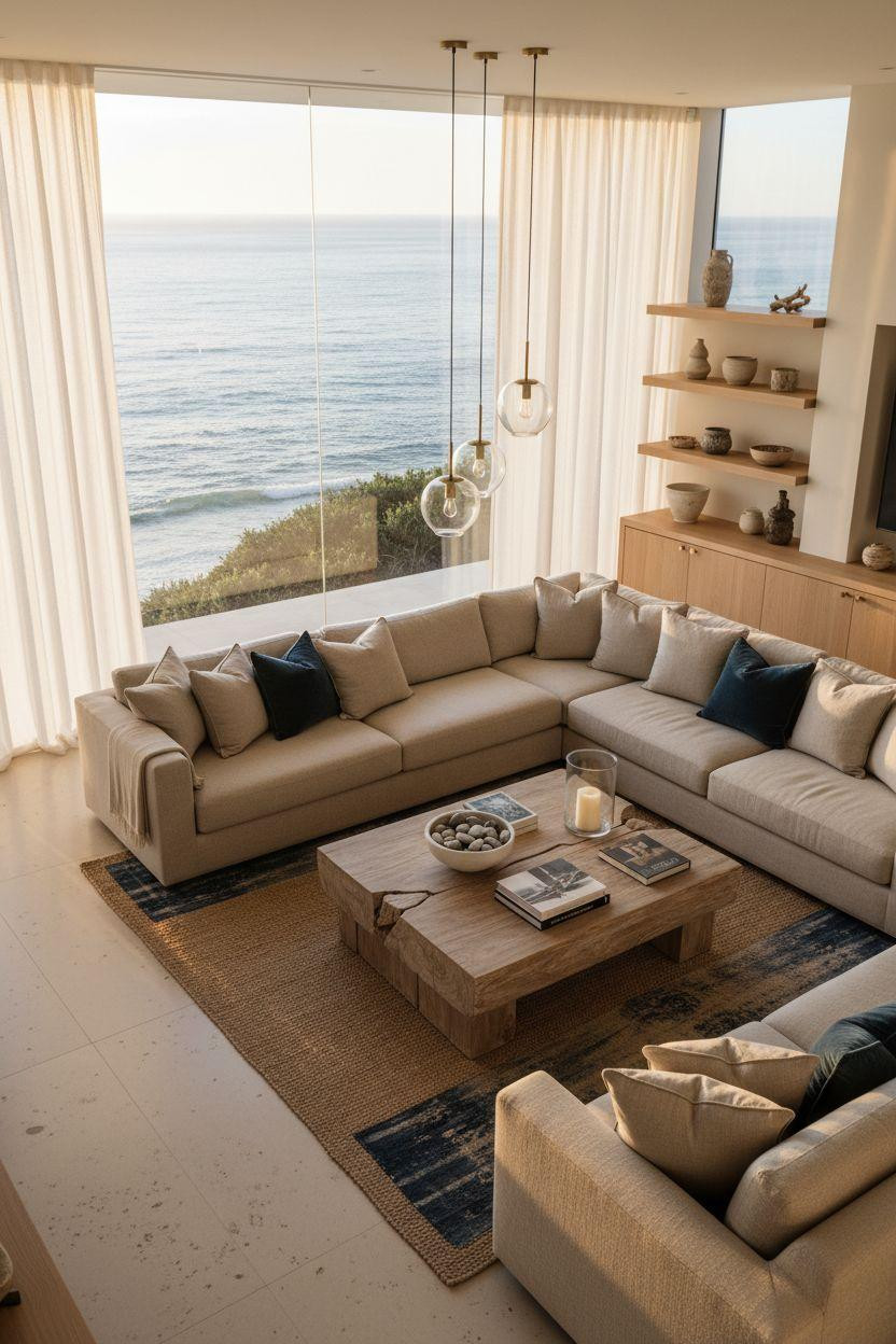 Coastal Living Room overhead shot showing bleached teak coffee table and layered textures