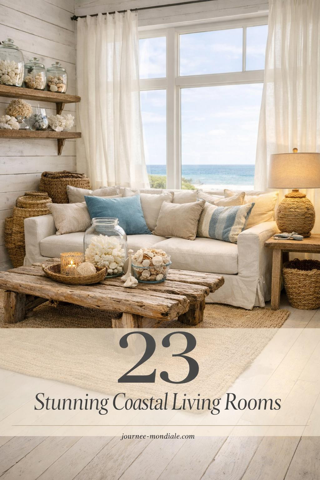 Serene coastal living room featuring ivory linen sofa, driftwood coffee table, jute rug, sheer white curtains, seashell decor, and whitewashed shiplap walls with ocean-inspired accents