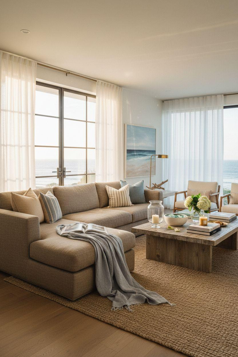 Coastal Living Room with oatmeal linen sectional and silver-gray driftwood table
