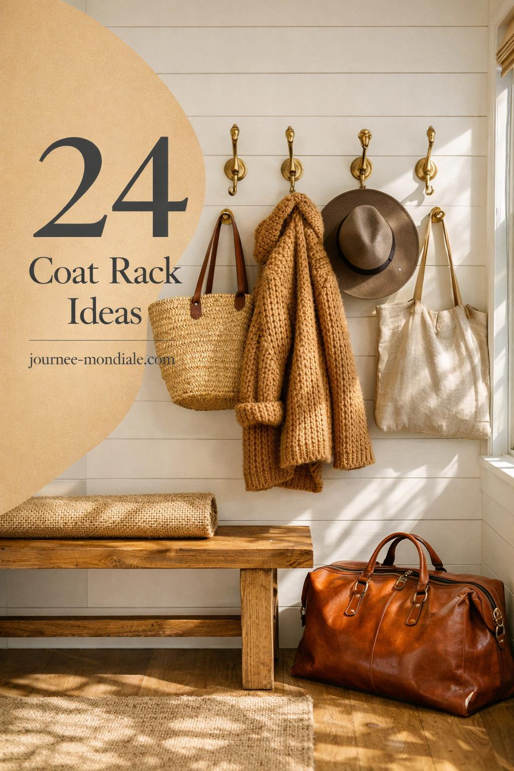 Welcoming entryway featuring brass wall hooks on white shiplap with camel wool coat, woven basket, felt hat, and reclaimed oak bench below