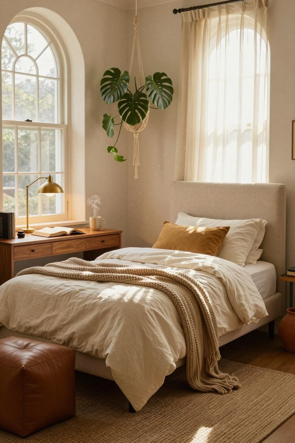 College dorm ideas with boucle fabric and floating desk