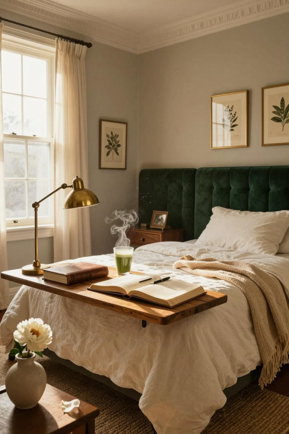 College dorm ideas with velvet headboard and brass details