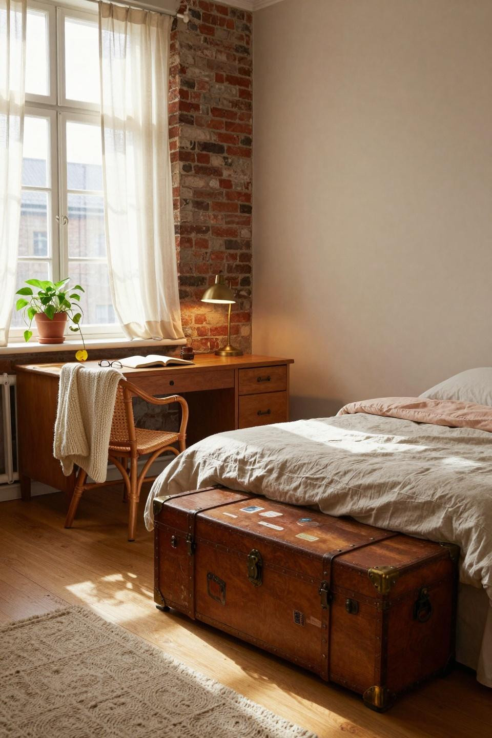 College dorm ideas with exposed brick and neutral tones
