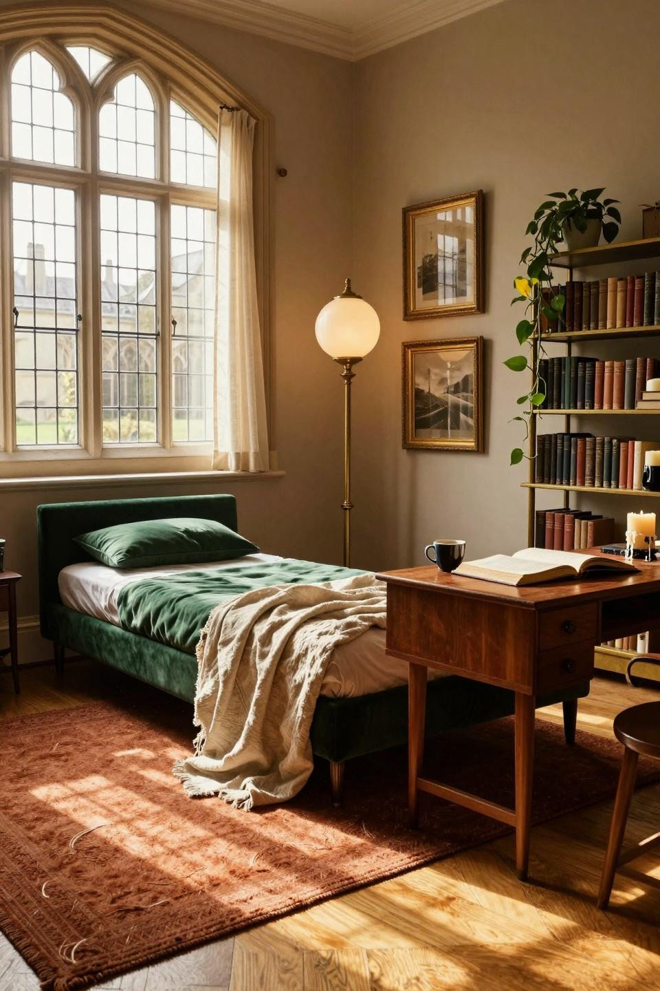 College dorm ideas with gallery wall and vintage furniture