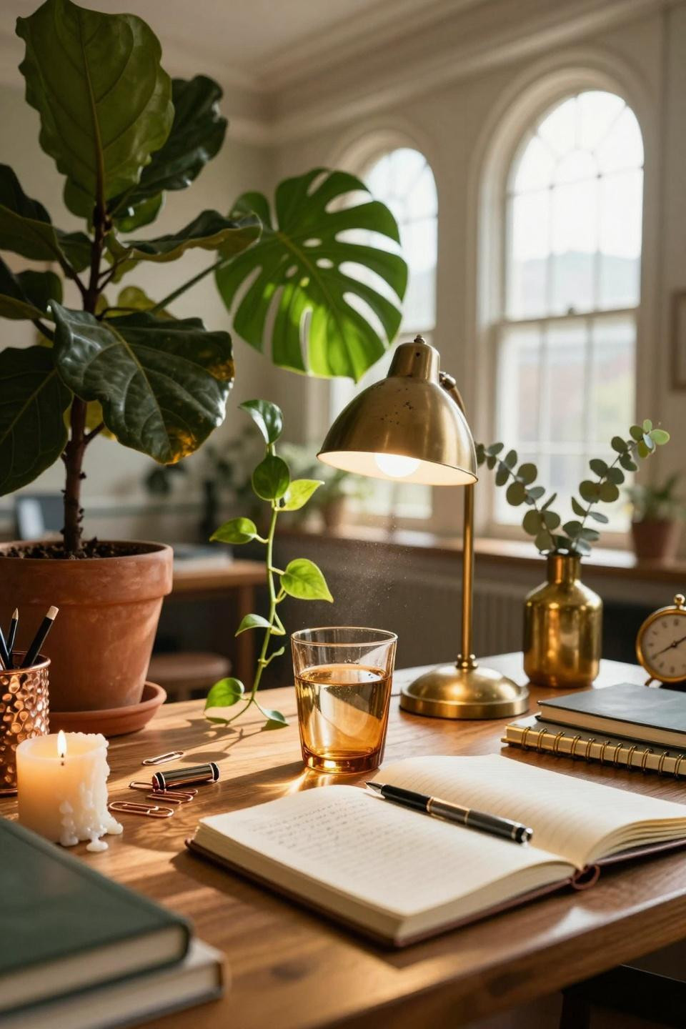 College dorm ideas with plants and brass desk setup