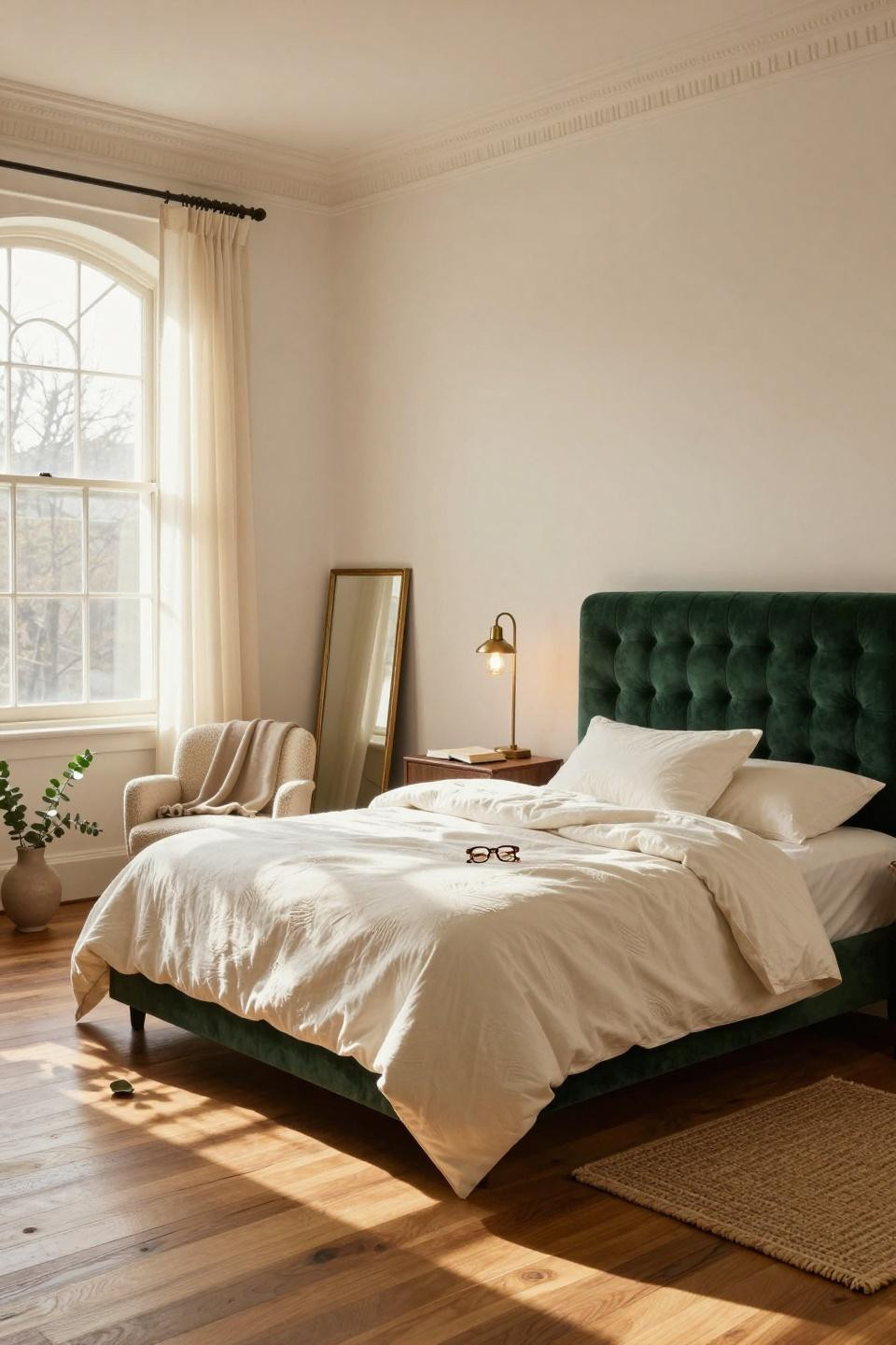 College dorm ideas with velvet headboard and brass accents