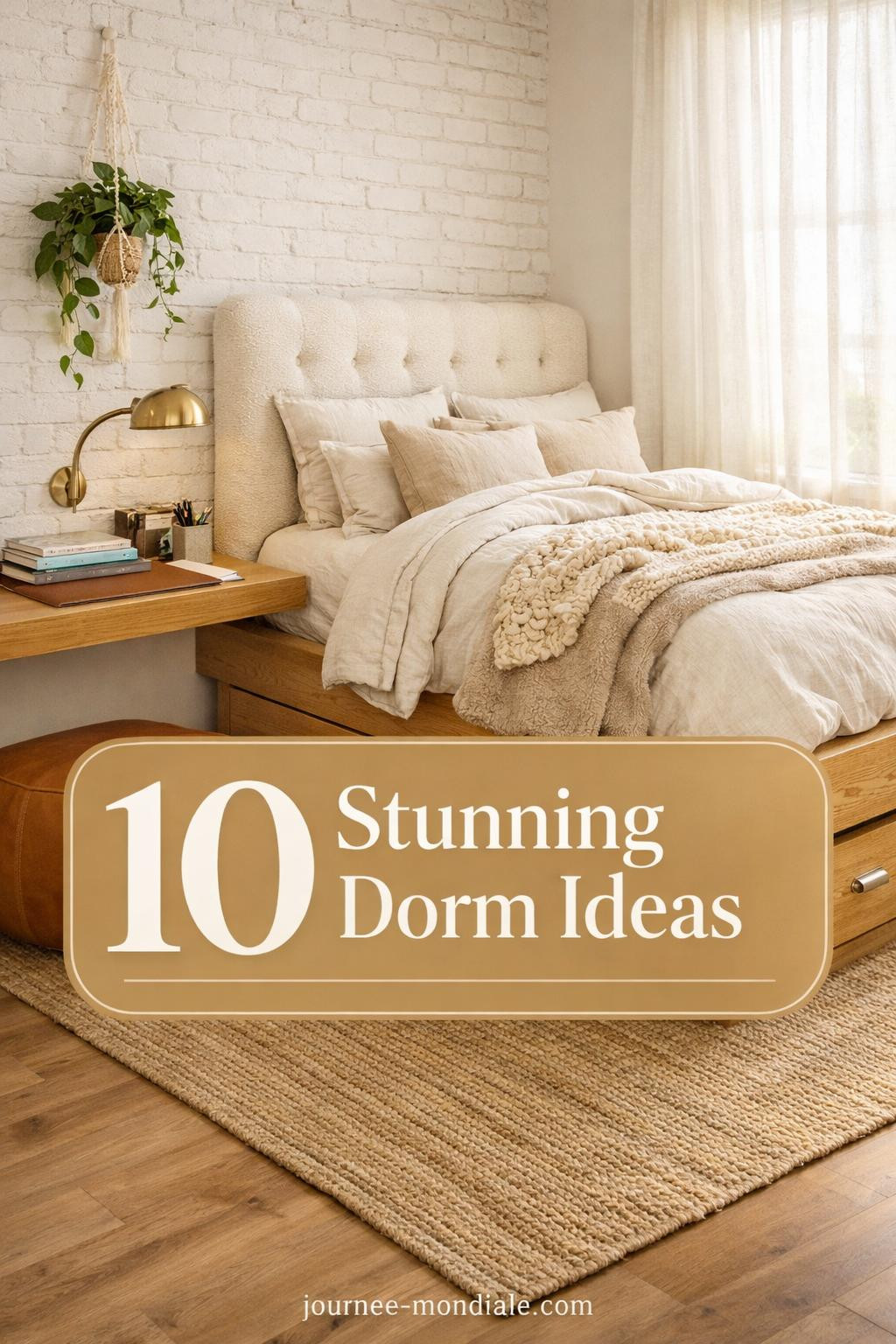 Stylish college dorm room featuring cozy bedding, fairy lights, organized desk space, and trendy aesthetic decor