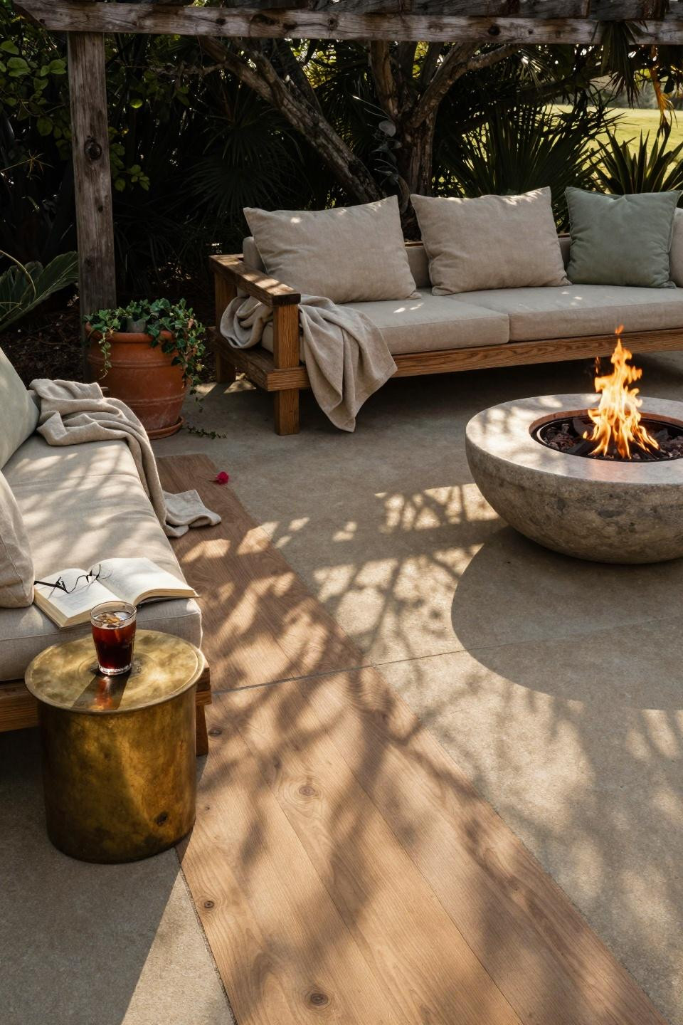 Concrete Patio Ideas - wood texture under pergola shade