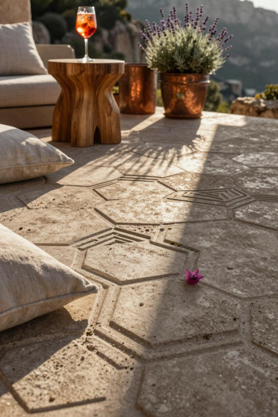 Concrete Patio Ideas - hexagonal detail with texture