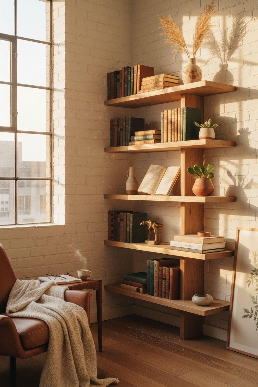 Corner bookshelf - modern corner with natural wood edges and layered styling
