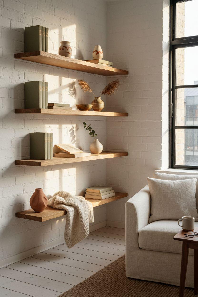 Corner bookshelf - light-filled Nordic corner with natural materials