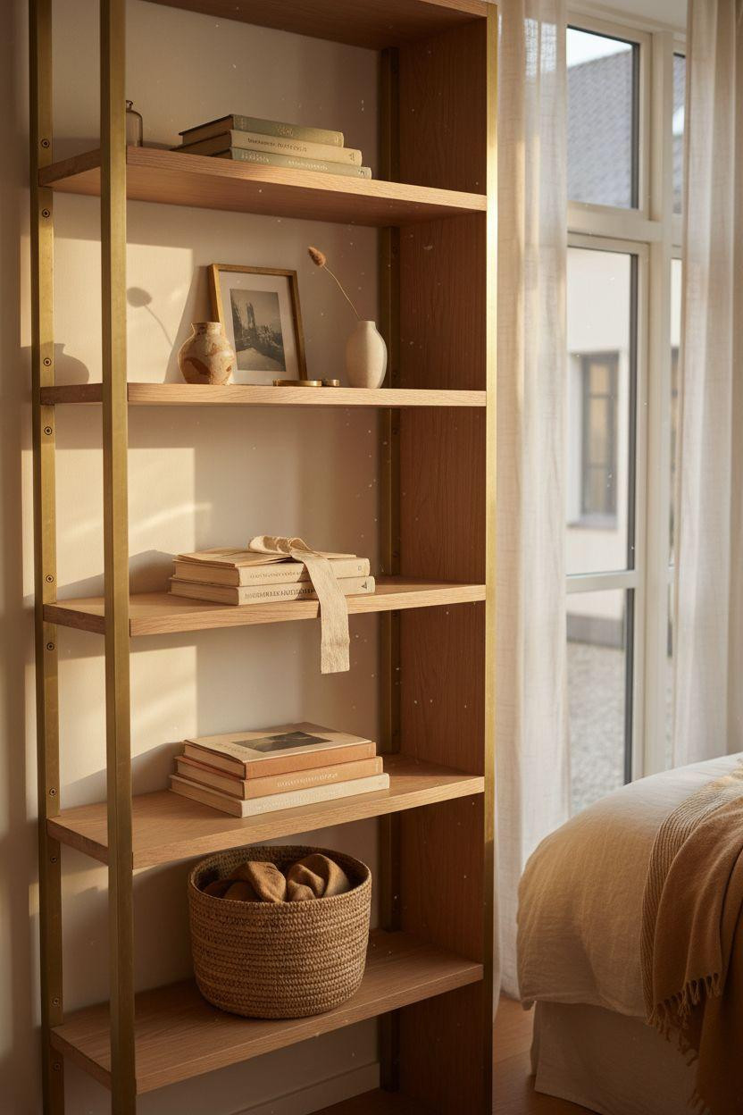Corner bookshelf - elegant bedroom corner with metallic accents