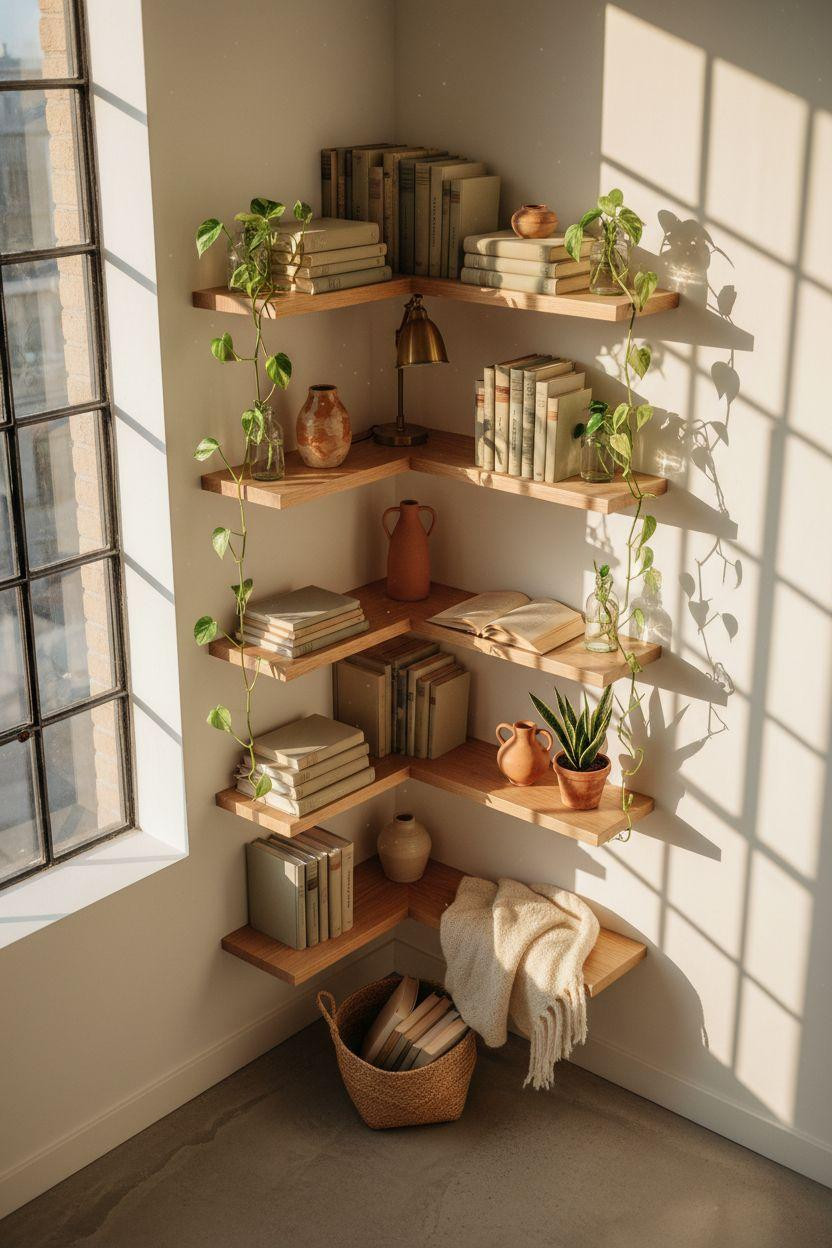Corner bookshelf - plant-filled corner with cascading greenery