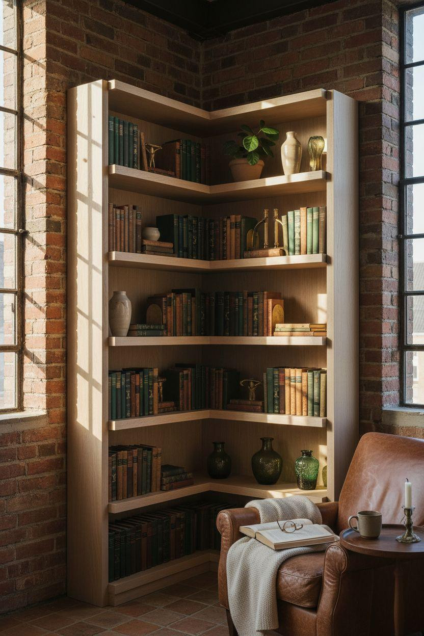 Corner bookshelf - sophisticated setup with leather books and warm lighting