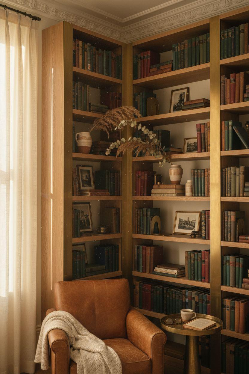 Corner bookshelf - contemporary unit with brass supports and mixed materials