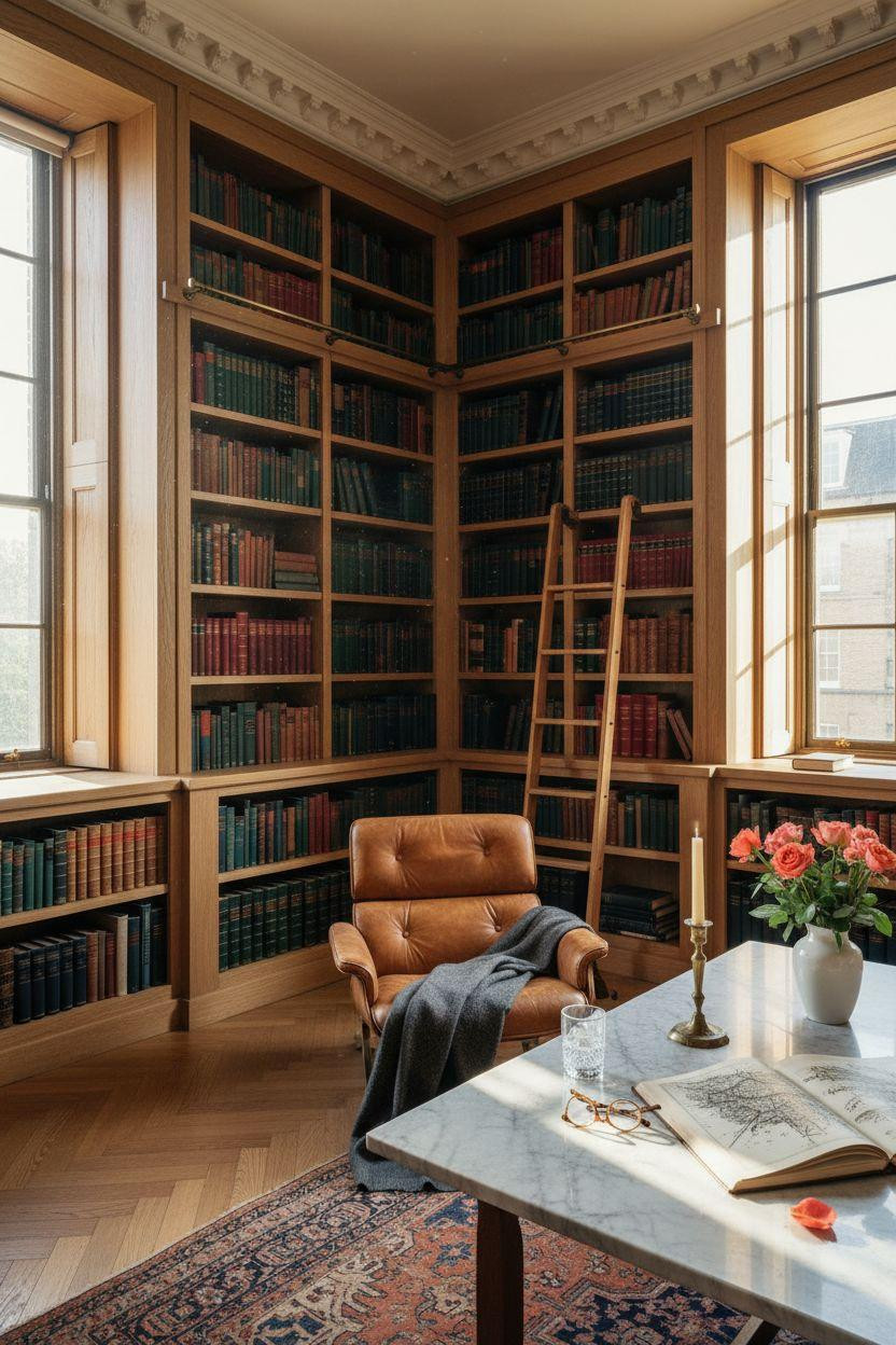 Corner bookshelf - grand floor-to-ceiling library with vintage ladder