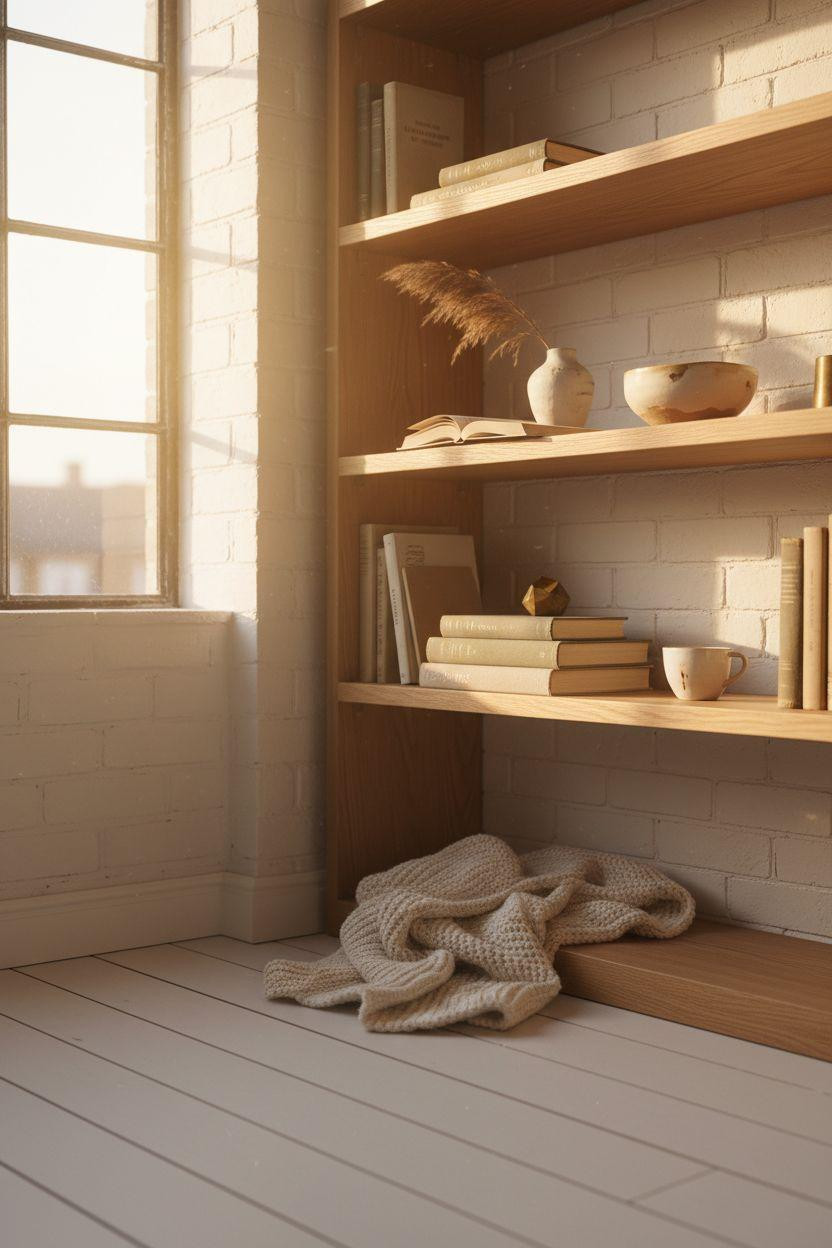 Corner bookshelf - simple floating shelves showing DIY craftsmanship