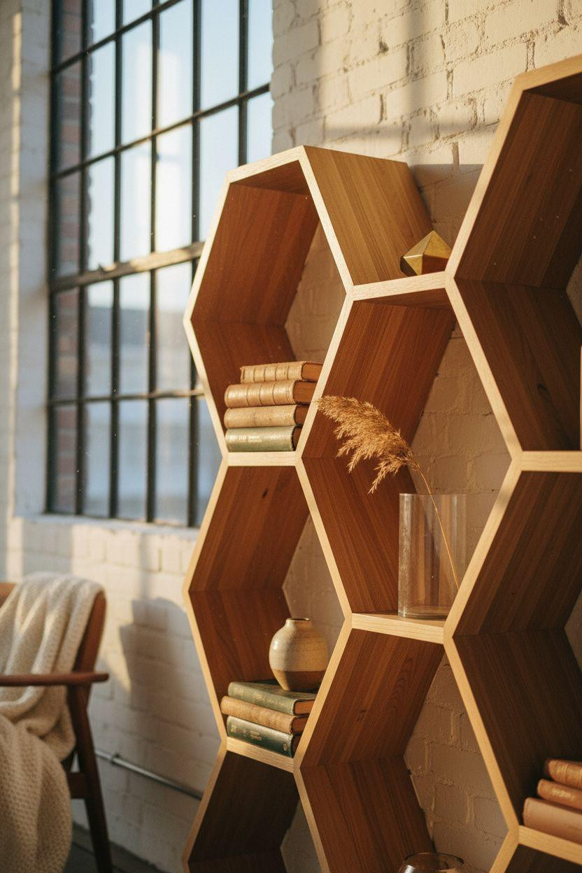 Corner bookshelf - modern hexagonal compartments creating architectural interest